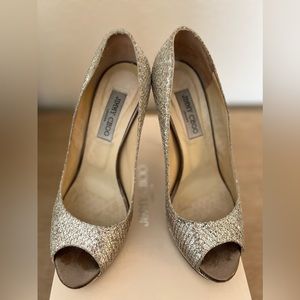 Pre-owned Jimmy Choo Crown Pump in Champagne Glitter Fabric, Size 39.5